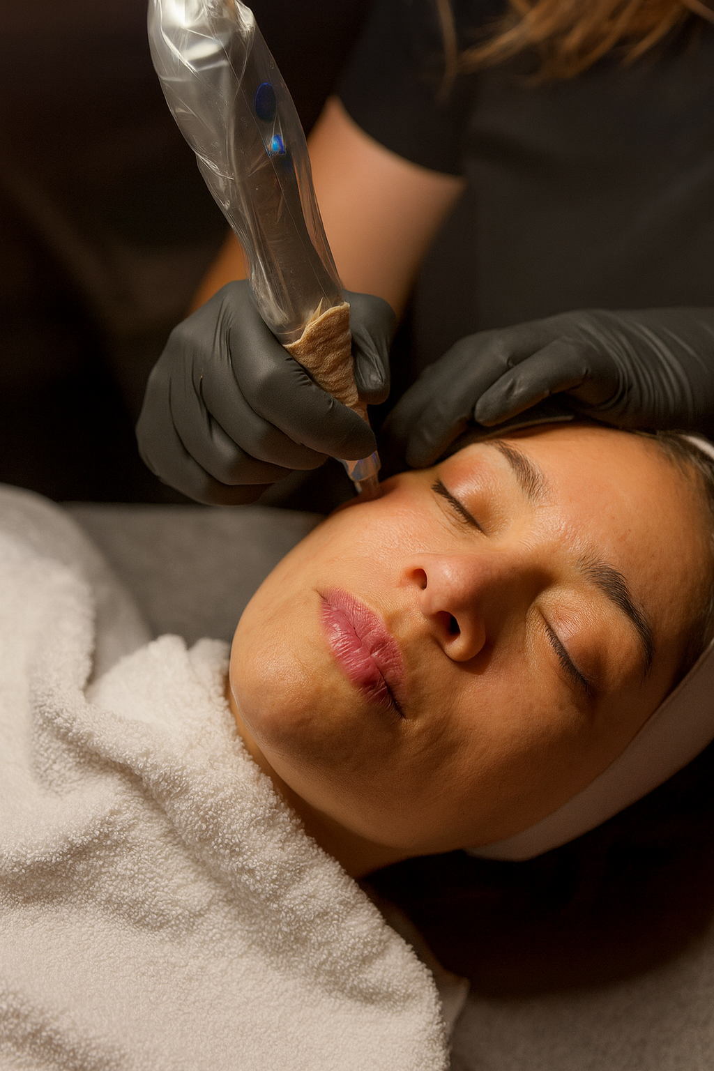 Practitioner applying a facial treatment device to a reclining client